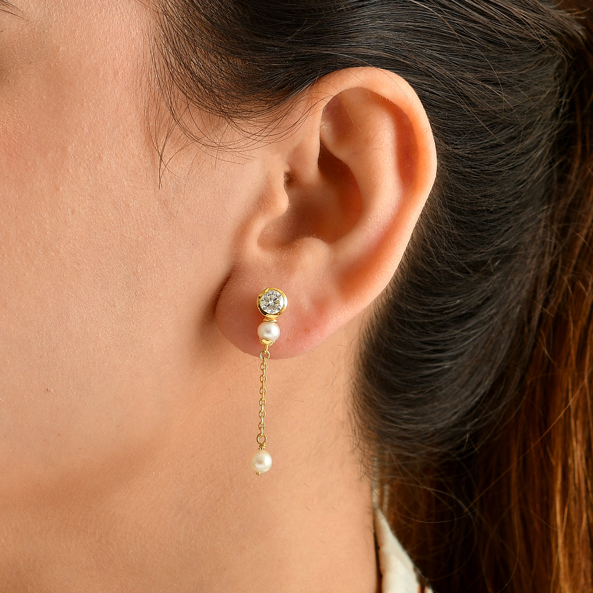 D'Joy - Moissanite &amp; Fresh Water Pearl Dangling Earring with Push Post in Yellow Gold Plated Sterling Silver 2.45 Ct. 8789019 1
