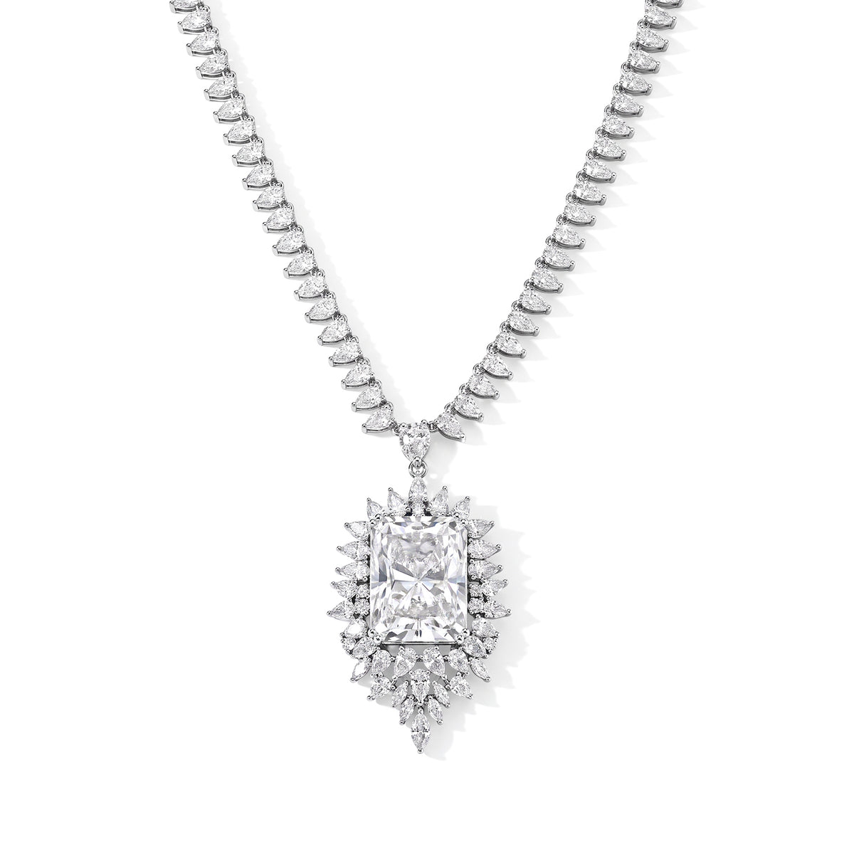 LIMITED CREATION - THE SUMMIT- Moissanite Necklace (Size - 18) in Rhodium Overlay Sterling Silver 55.50 Ct, Silver Wt. 28.00 Gms 8789093 0