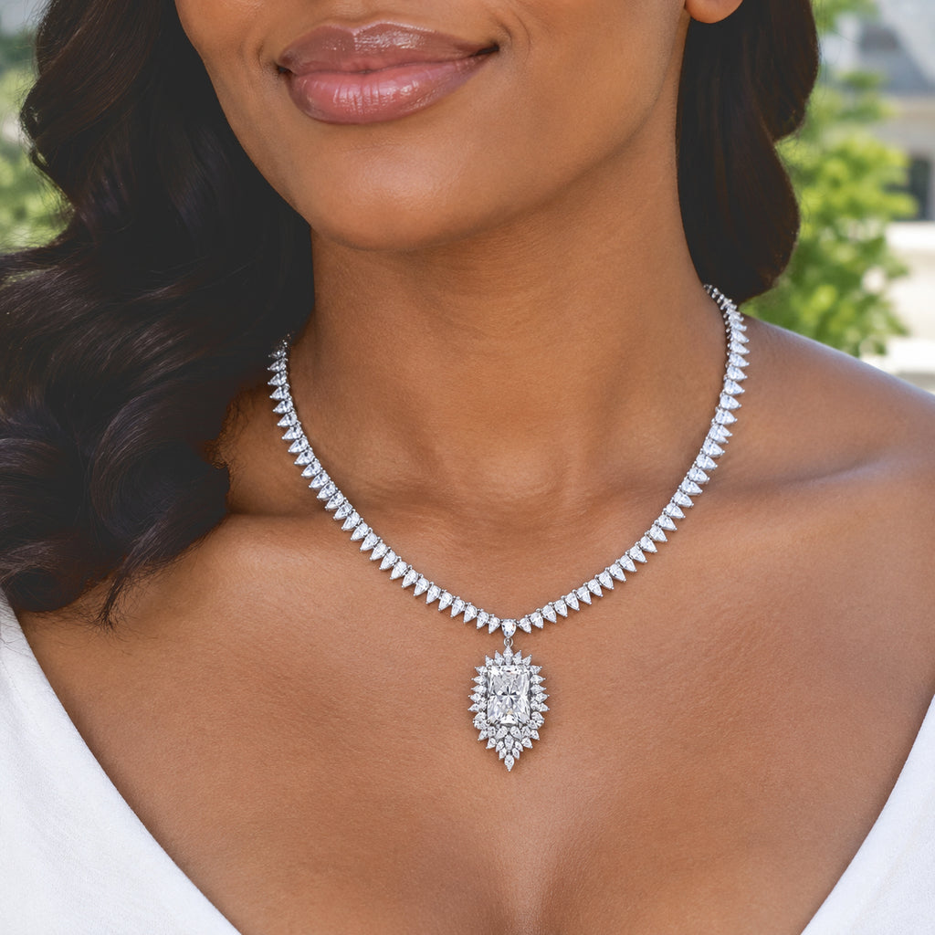 LIMITED CREATION - THE SUMMIT- Moissanite Necklace (Size - 18) in Rhodium Overlay Sterling Silver 55.50 Ct, Silver Wt. 28.00 Gms_8789093_1