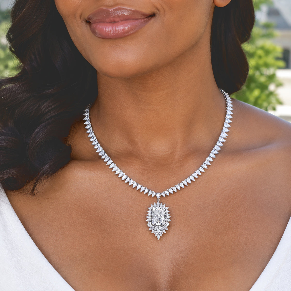 LIMITED CREATION - THE SUMMIT- Moissanite Necklace (Size - 18) in Rhodium Overlay Sterling Silver 55.50 Ct, Silver Wt. 28.00 Gms 8789093 1