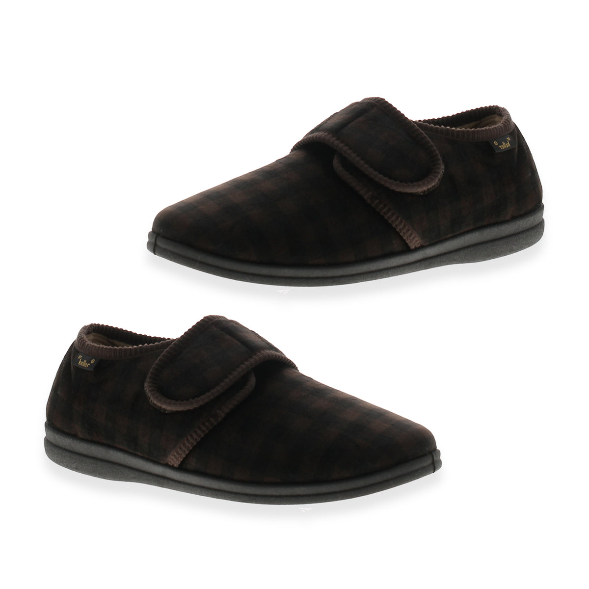 Dr Keller Mens Checkered Fleece Lined Wide Fit Memory Foam Comfort Sole Slippers with Velcro Touch Fastening (Size 11) - Brown 8789208 0