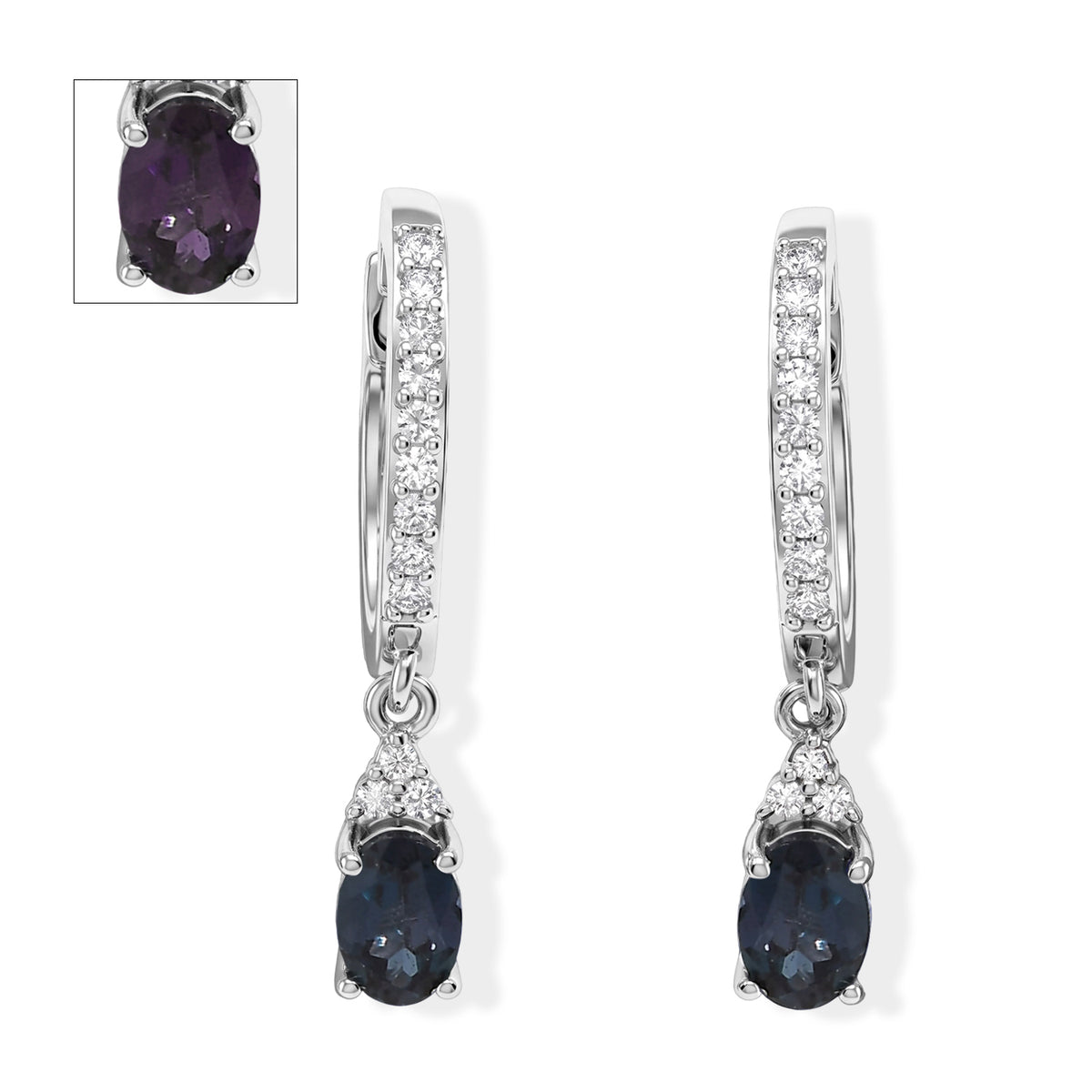 Luxuriant - AAA Lab Grown Alexandrite &amp; White Zircon Dangling Hoop  Earring in Rhodium Overlay Sterling Silver 1.40 Ct. 8789320 0