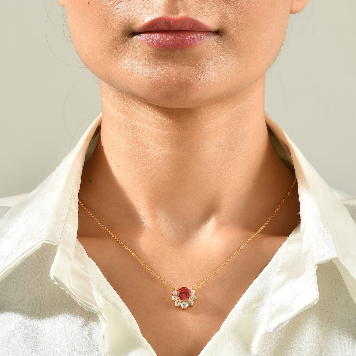 Luxuriant - Lab Created Padparadscha Sapphire &amp; White Zircon Necklace (Size - 20) in Yellow Gold Plated Sterling Silver 4.15 Ct. 8790156 1