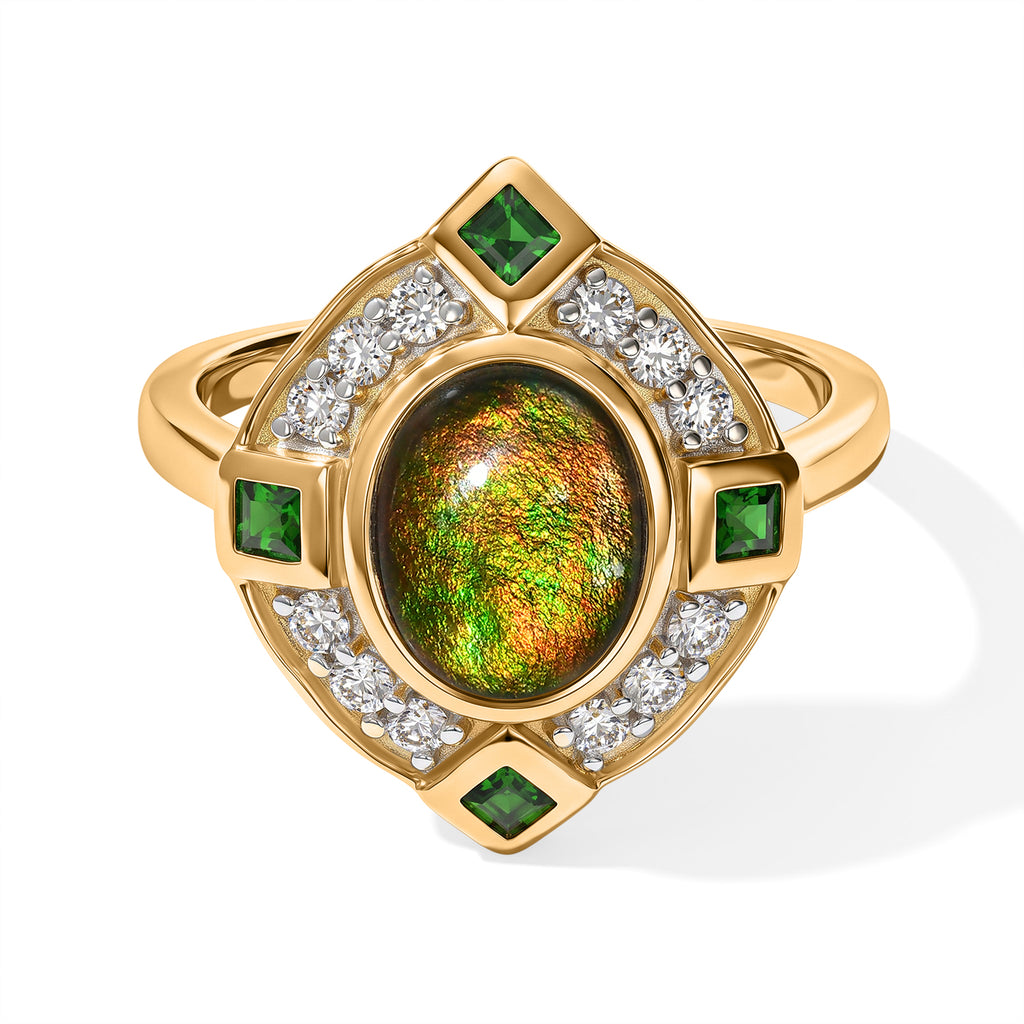 D'Joy - Ammolite, Natural Chrome Diopside & White Zircon Ring in 18K Vermeil Yellow Gold Plated Sterling Silver 2.23 Ct._8791080