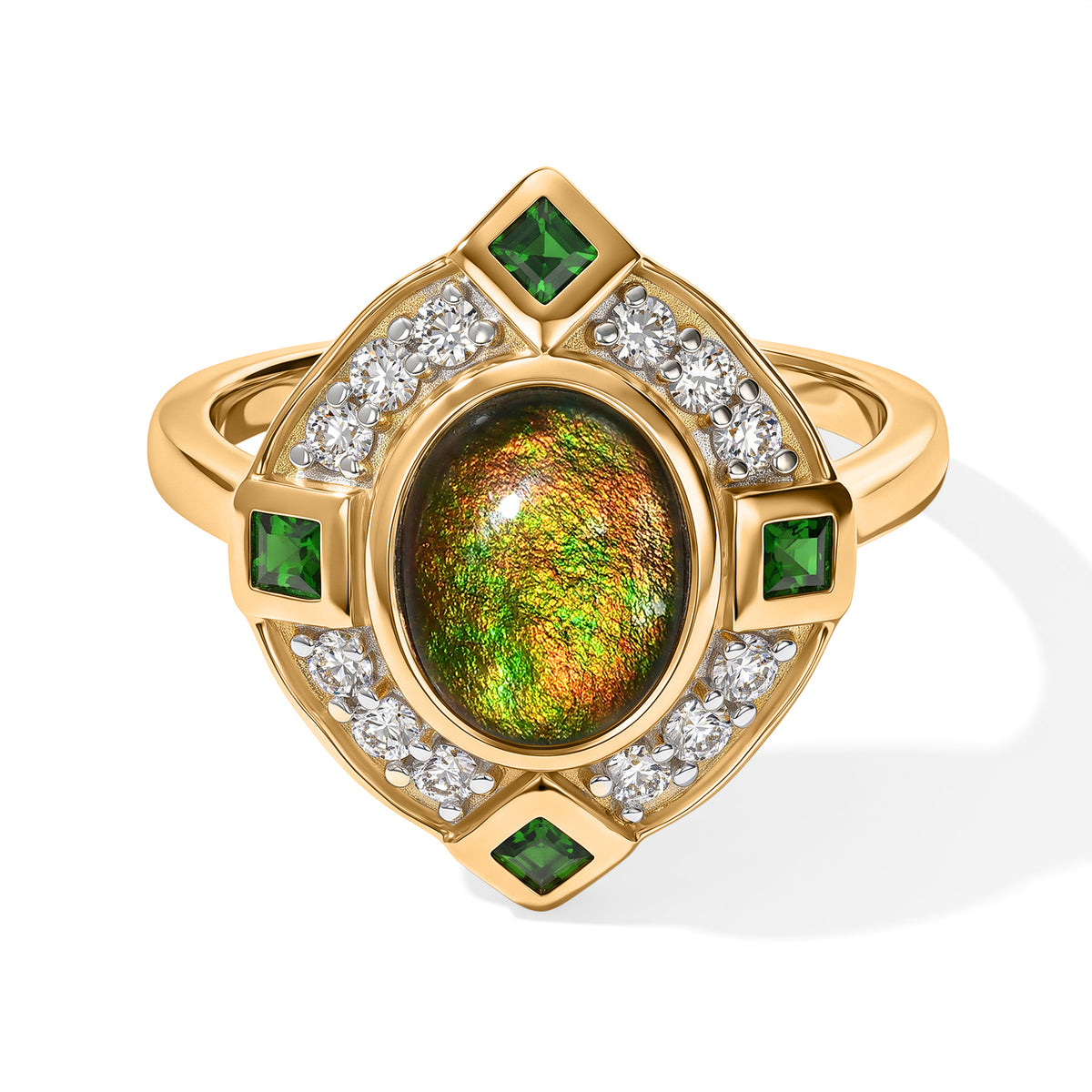 D'Joy - Ammolite, Natural Chrome Diopside &amp; White Zircon Ring in 18K Vermeil Yellow Gold Plated Sterling Silver 2.23 Ct. 8791080 0