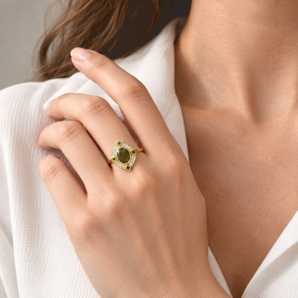 D'Joy - Ammolite, Natural Chrome Diopside & White Zircon Ring in 18K Vermeil Yellow Gold Plated Sterling Silver 2.23 Ct._8791080_2