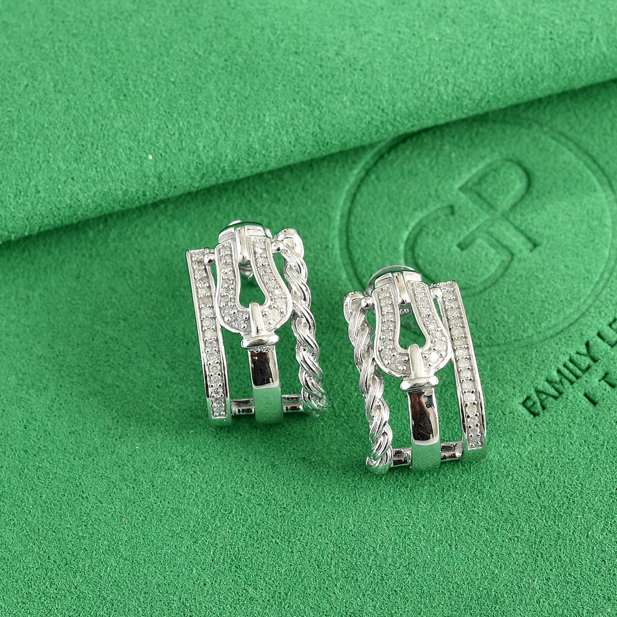 GP - Natural White Diamond &amp; Blue Sapphire J Hoop Earring with Push Post in Rhodium Overlay Sterling Silver 0.30 Ct. 8791464 1