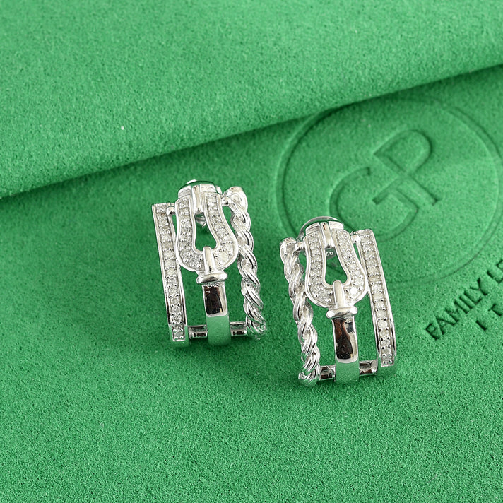 GP - Natural White Diamond &amp; Blue Sapphire J Hoop Earring with Push Post in Rhodium Overlay Sterling Silver 0.3 Ct. 8791464 2