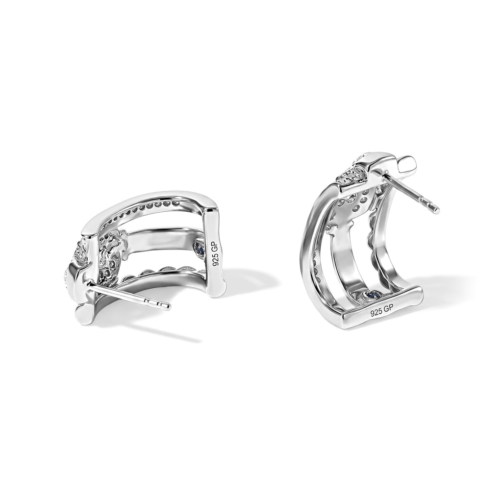 GP White Diamond, Kanchanaburi Blue Sapphire J Hoop Half Hoop Earring in Rhodium OverlaySterling Silver, Silver Wt.5 Gms  0.332  Ct._8791464_4