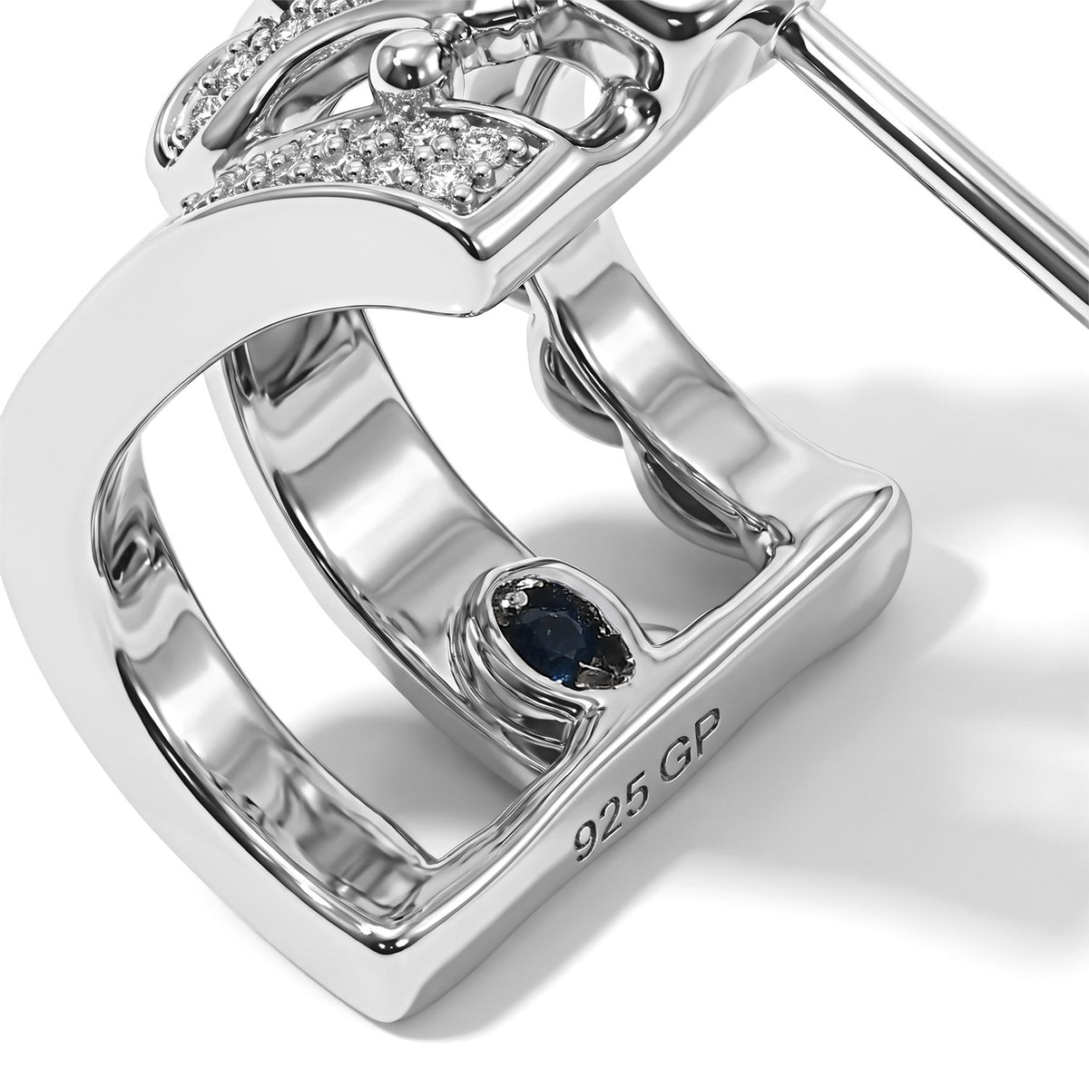 GP - Natural White Diamond &amp; Blue Sapphire J Hoop Earring with Push Post in Rhodium Overlay Sterling Silver 0.30 Ct. 8791464 6