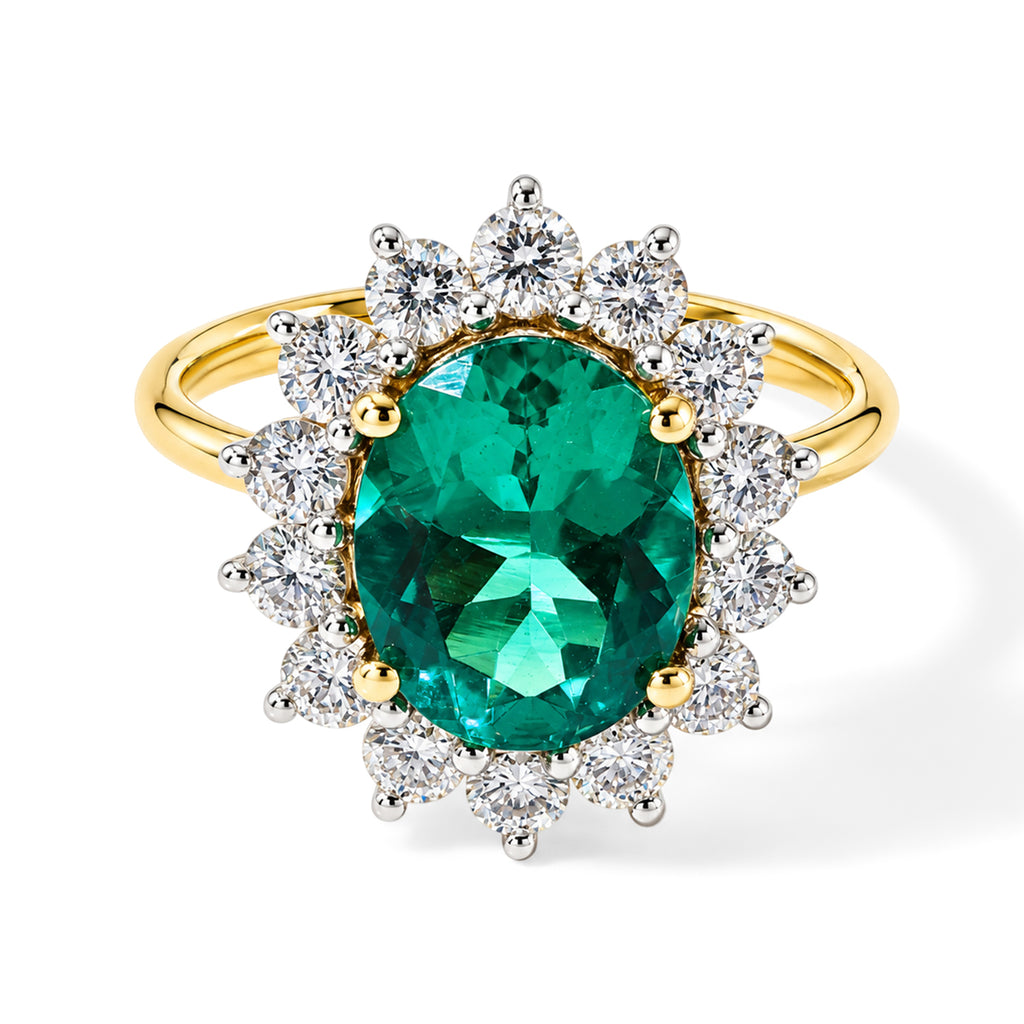 Luxuriant - 9K Yellow Gold AAAA Lab Grown Columbian Emerald & Lab Grown Diamond (VS/E-F) Halo Ring 3.50 Ct._8791964