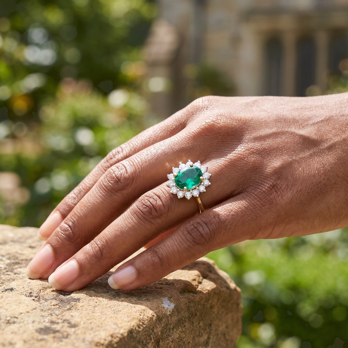 Luxuriant - 9K Yellow Gold AAAA Lab Grown Columbian Emerald &amp; Lab Grown Diamond (VS/E-F) Halo Ring 3.50 Ct. 8791964 1