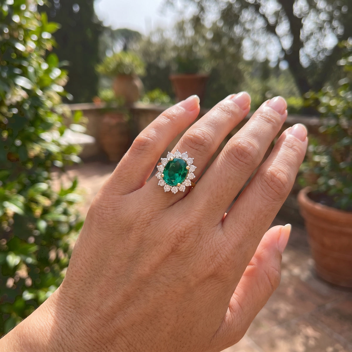 Luxuriant - 9K Yellow Gold AAAA Lab Grown Columbian Emerald &amp; Lab Grown Diamond (VS/E-F) Halo Ring 3.50 Ct. 8791964 2