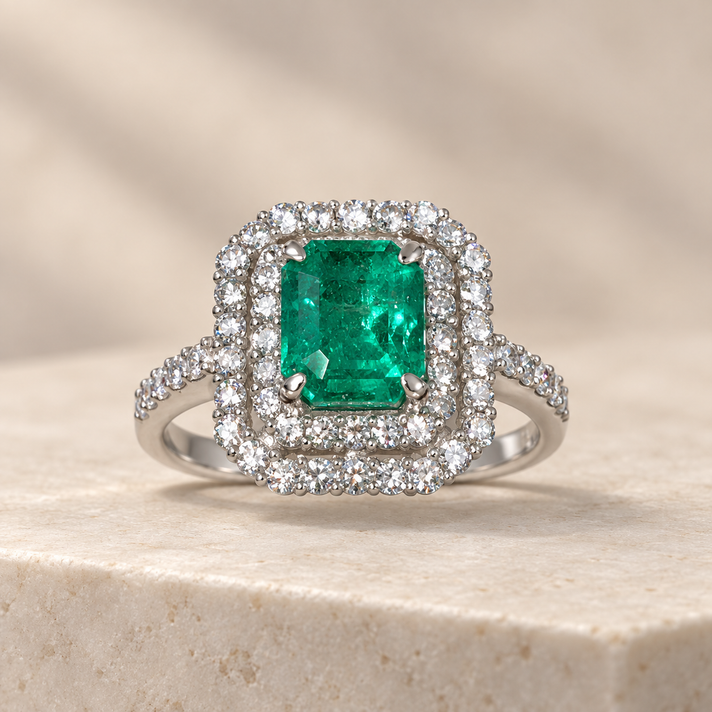 The Tokyo Treasure - 900 White Platinum AAAA Colombian Emerald &amp; White Diamond (VS-SI) Halo Ring 2.30 Ct, Platinum Wt.5.35 Gms 8793554 2