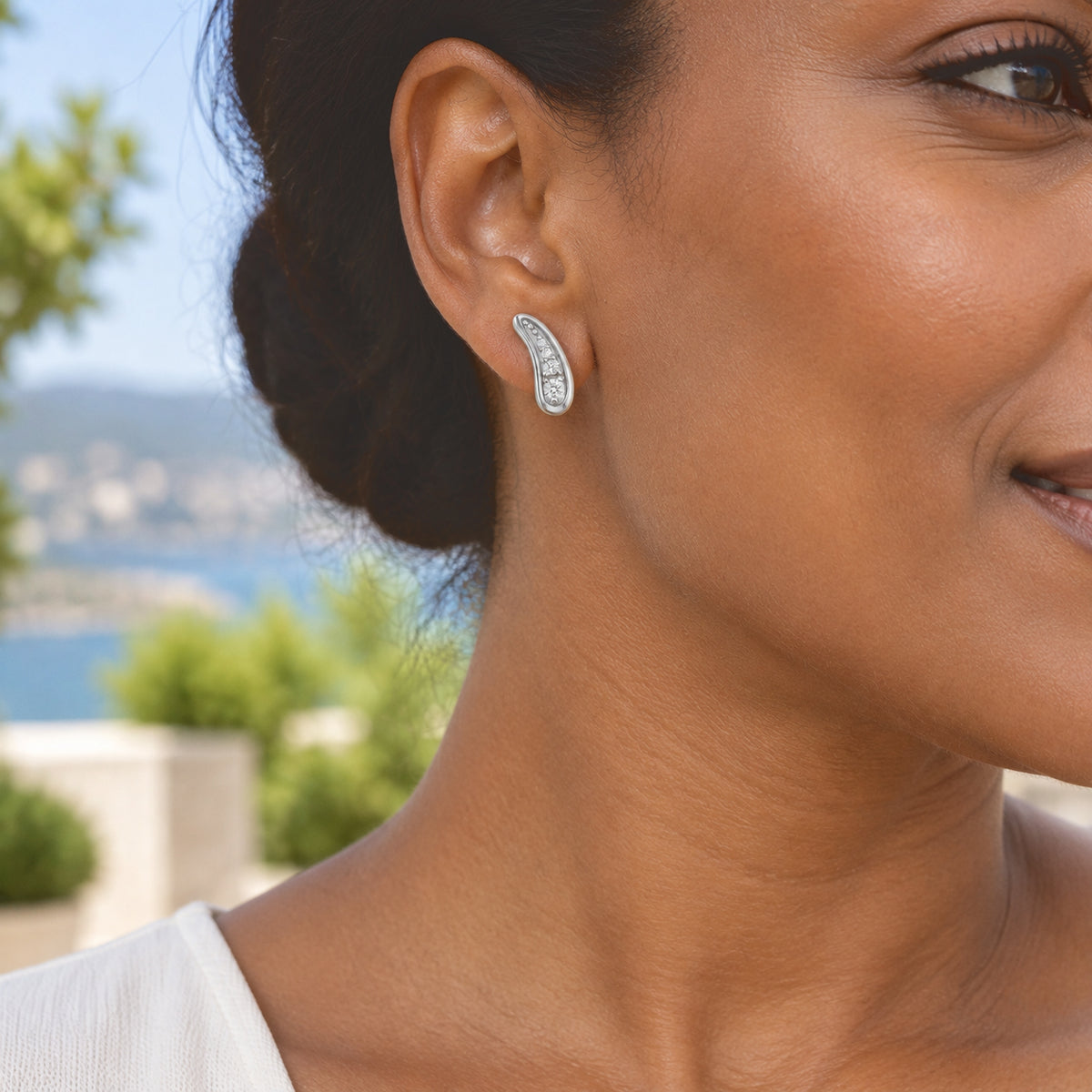 Lucy Q - Lab Grown Diamond Curved Stud Earring with Push Back in Rhodium Overlay Sterling Silver 0.25 Ct. 8794537 2