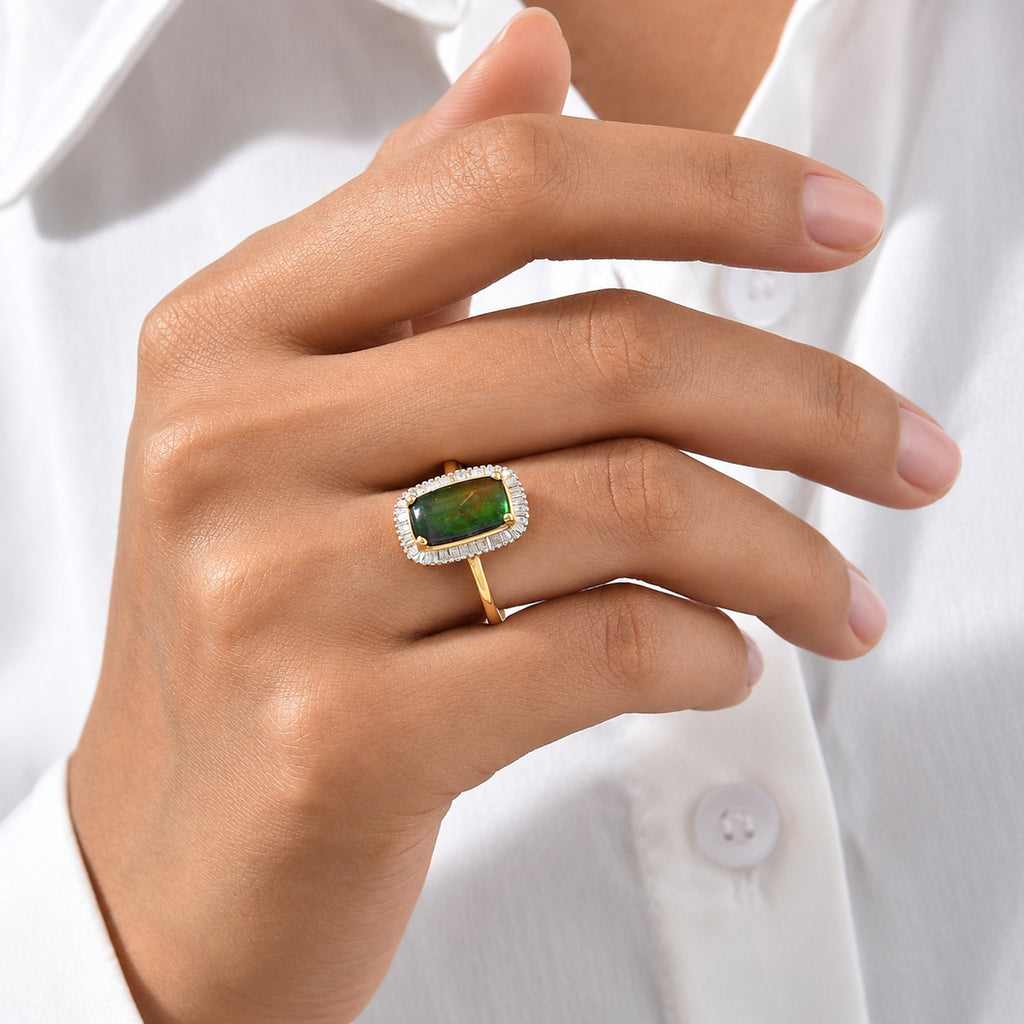 D'Joy - Ammolite & Natural White Diamond Halo Ring in 18K Vermeil Yellow Gold Plated Sterling Silver 3.30 Ct._8795294_2