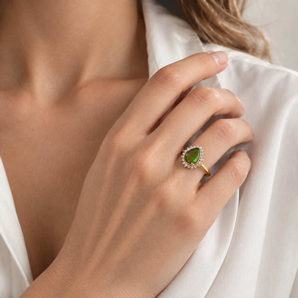 Luxuriant Ammolite, Lab Grown Diamond Main Stone With Surrounding Stone Ring in 18K YG VermeilSterling Silver  2.810  Ct._8795360_1