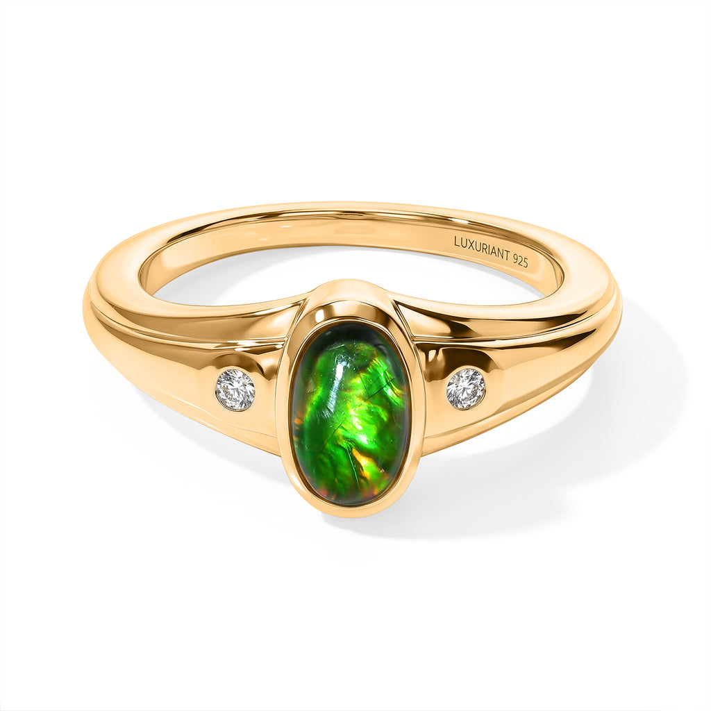 Luxuriant - Ammolite & Lab Grown Diamond (SI/G-H) Ring in 18K Vermeil Yellow Gold Plated Sterling Silver 1.20 Ct._8795574