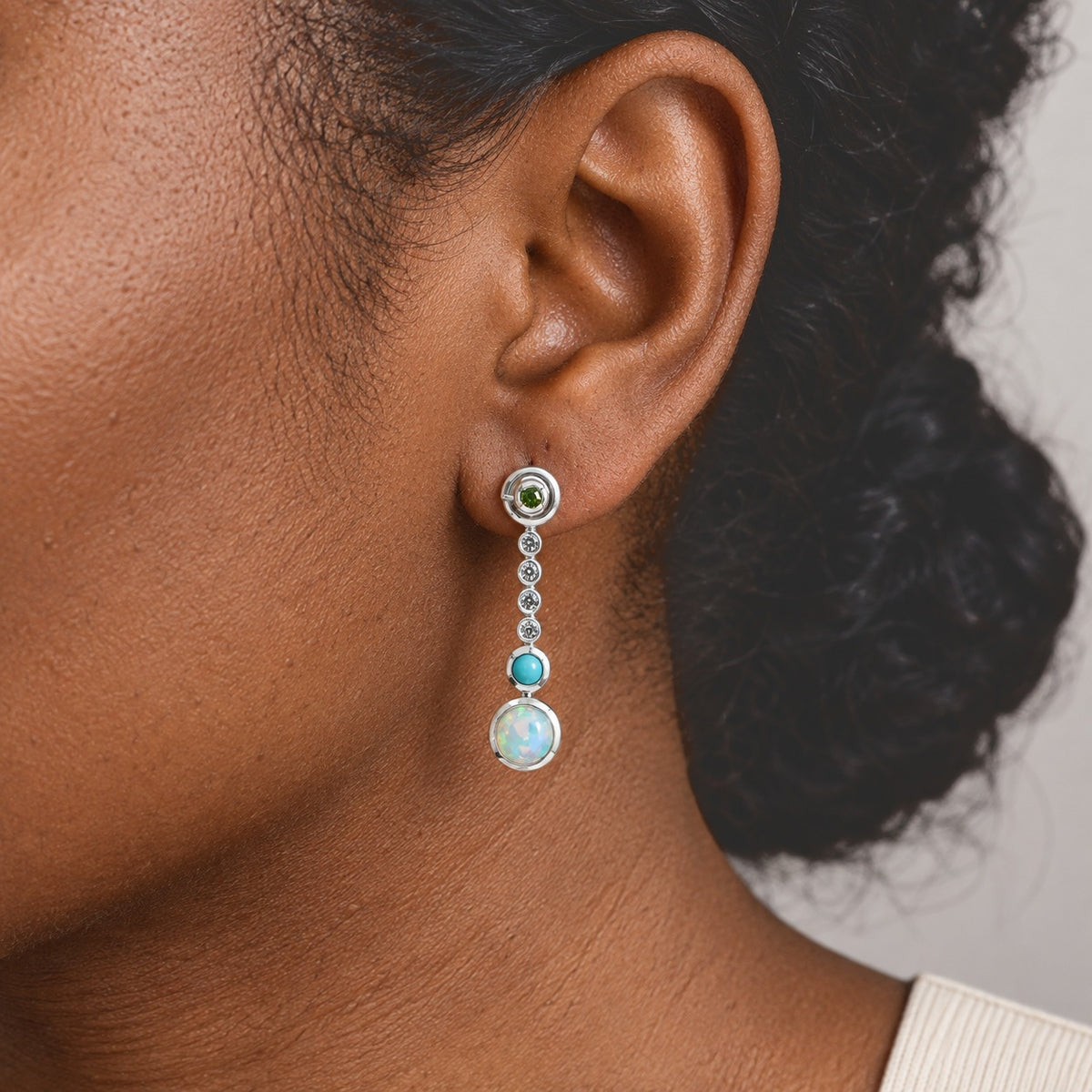 D'Joy - Ethiopian Opal, Natural Chrome Diopside, White Zircon &amp; Sleeping Beauty Turquoise Dangling Earring with Push Post in Platinum Overlay Sterling Silver 1.70 Ct. 8796409 1