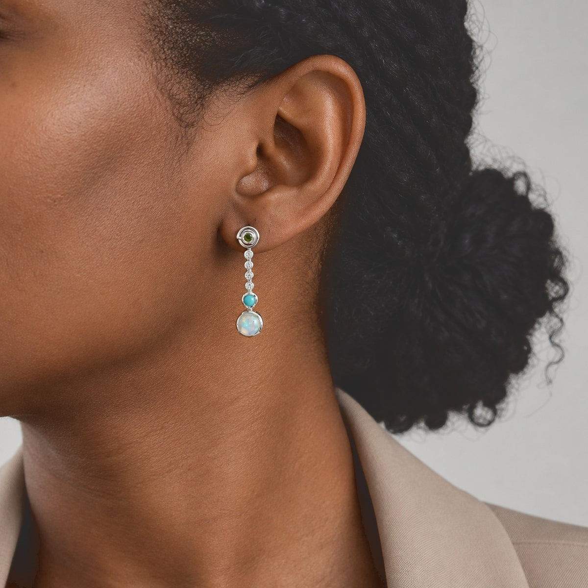 D'Joy - Ethiopian Opal, Natural Chrome Diopside, White Zircon &amp; Sleeping Beauty Turquoise Dangling Earring with Push Post in Platinum Overlay Sterling Silver 1.70 Ct. 8796409 2