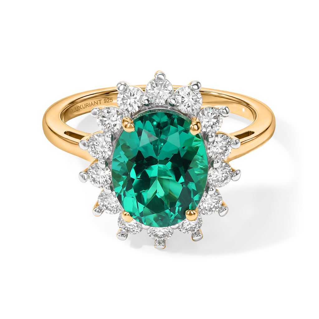 Luxuriant - AAA Lab Grown Columbian Emerald & Lab Grown Diamond (SI/G-H) Halo Ring in 18K Vermeil Yellow Gold Plated Sterling Silver 3.15 Ct._8796499