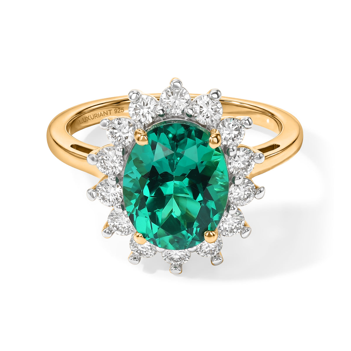 Luxuriant - AAA Lab Grown Columbian Emerald &amp; Lab Grown Diamond (SI-G-H) Halo Ring in 18K Vermeil Yellow Gold Plated Sterling Silver 3.15 Ct. 8796499 0