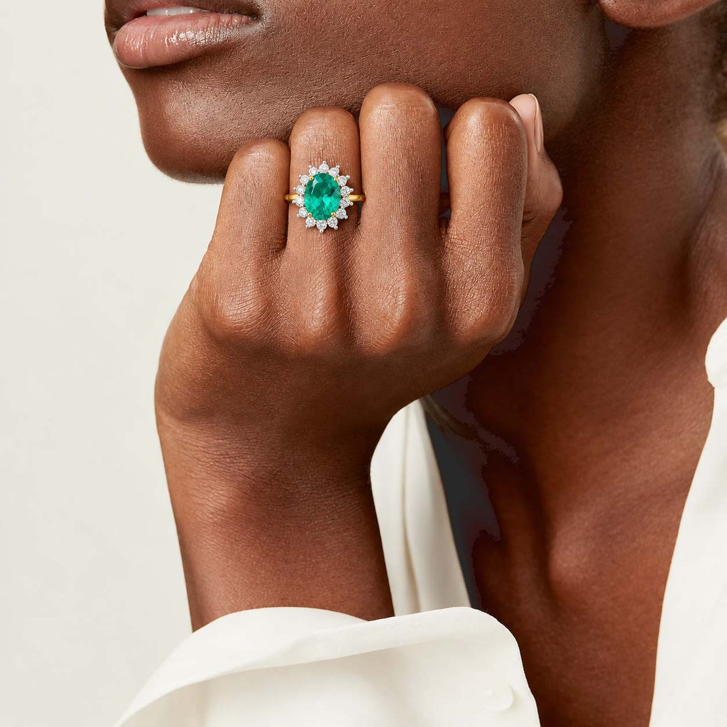 Luxuriant - AAA Lab Grown Columbian Emerald & Lab Grown Diamond (SI/G-H) Halo Ring in 18K Vermeil Yellow Gold Plated Sterling Silver 3.15 Ct._8796499_1