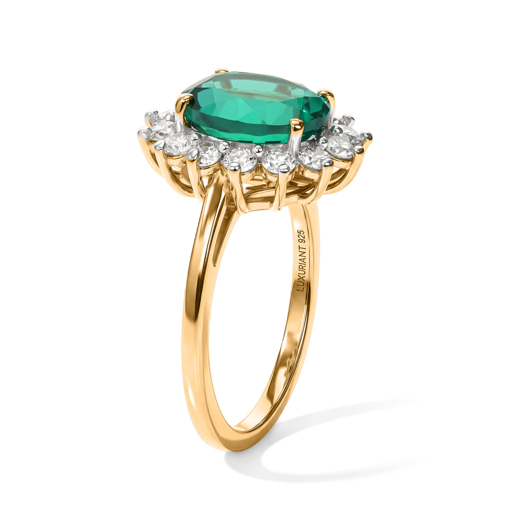 Luxuriant - AAA Lab Grown Columbian Emerald & Lab Grown Diamond (SI/G-H) Halo Ring in 18K Vermeil Yellow Gold Plated Sterling Silver 3.15 Ct._8796499_3