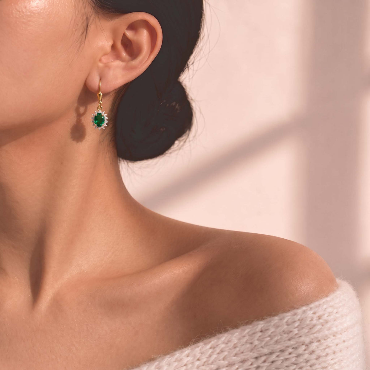 Luxuriant - AAA Lab Grown Columbian Emerald &amp; Lab Grown Diamond (SI-G-H) Dangling Halo Earring with Lever Back in 18K Vermeil Yellow Gold Plated Sterling Silver 1.75 Ct. 8796509 2