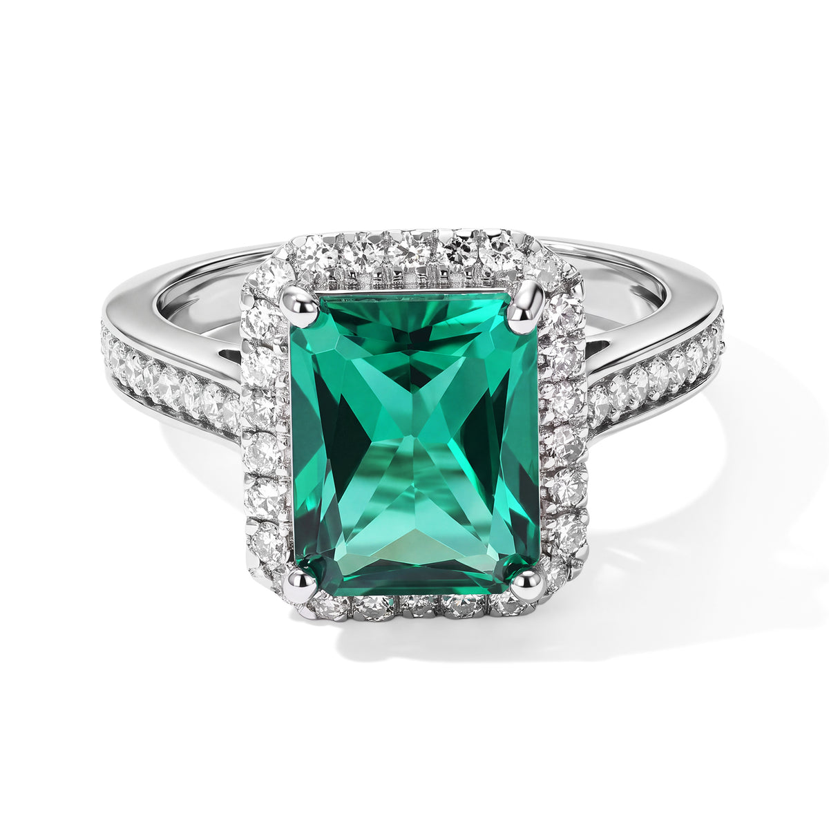 Luxuriant - AAA Lab Grown Columbian Emerald &amp; Lab Grown Diamond (SI-G-H) Solitaire Ring in Rhodium Overlay Sterling Silver 3.30 Ct. 8796510 0