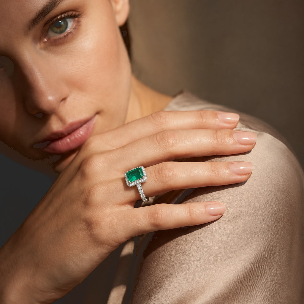 Luxuriant - AAA Lab Grown Columbian Emerald & Lab Grown Diamond (SI/G-H) Solitaire Ring in Rhodium Overlay Sterling Silver 3.30 Ct._8796510_2