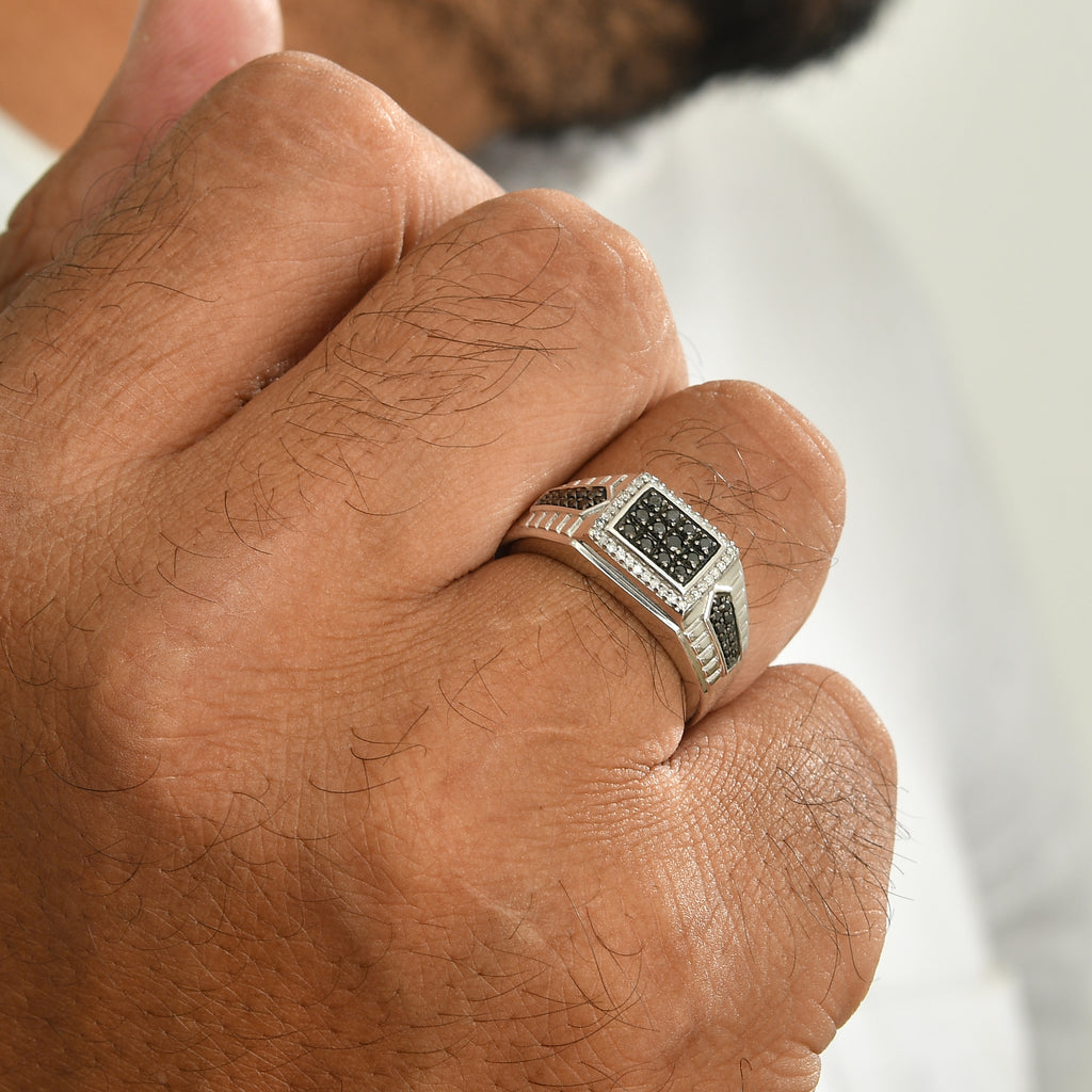 D'joy Black Diamond, White Diamond Mens Ring in Rhodium OverlaySterling Silver, Silver Wt.6.25 Gms  0.610  Ct._8796561_1
