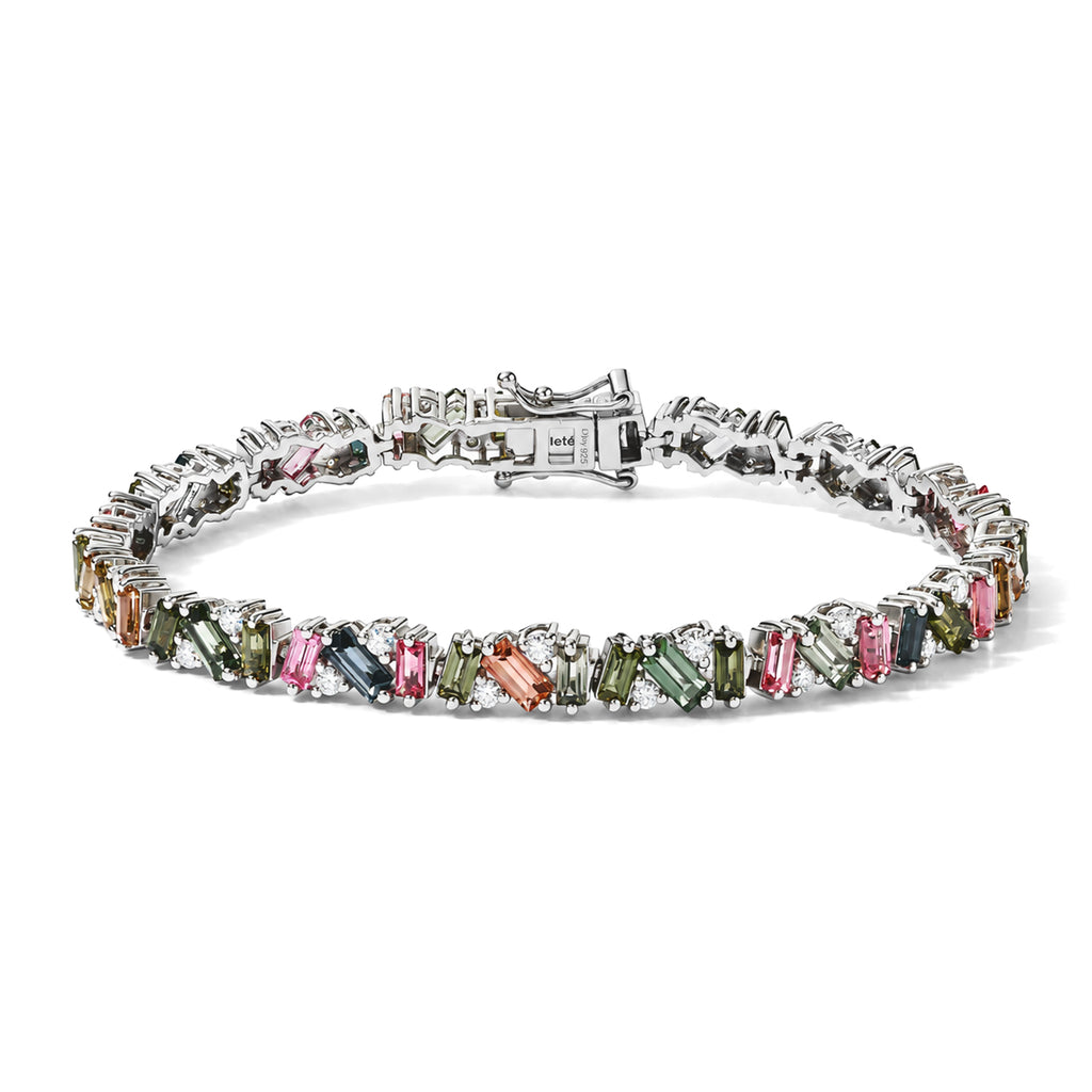 D'Joy - Multi-Tourmaline & Moissanite Tennis Bracelet (Size - 7) with GB Lock Box in Rhodium Overlay Sterling Silver 8.10 Ct, Silver Wt. 12.20 Gms_8800335