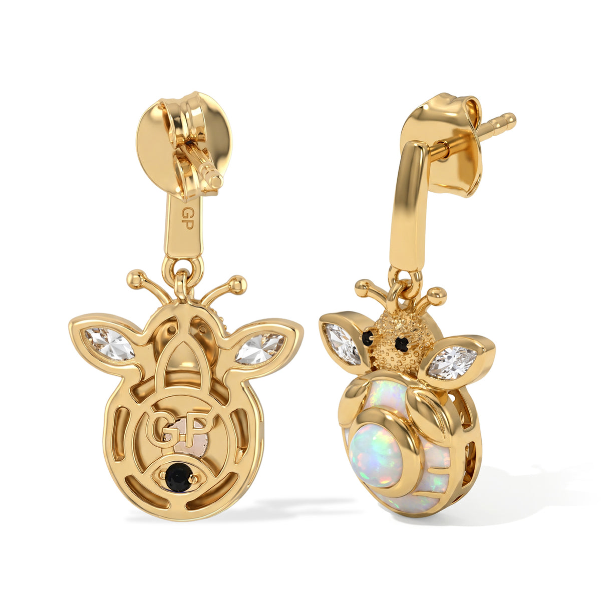 GP - AAA Ethiopian Opal, Black Spinel, White Zircon &amp; Blue Sapphire Living Creature Earring with Push Back in Yellow Gold Plated Sterling Silver 1.00 Ct. 8800793 4