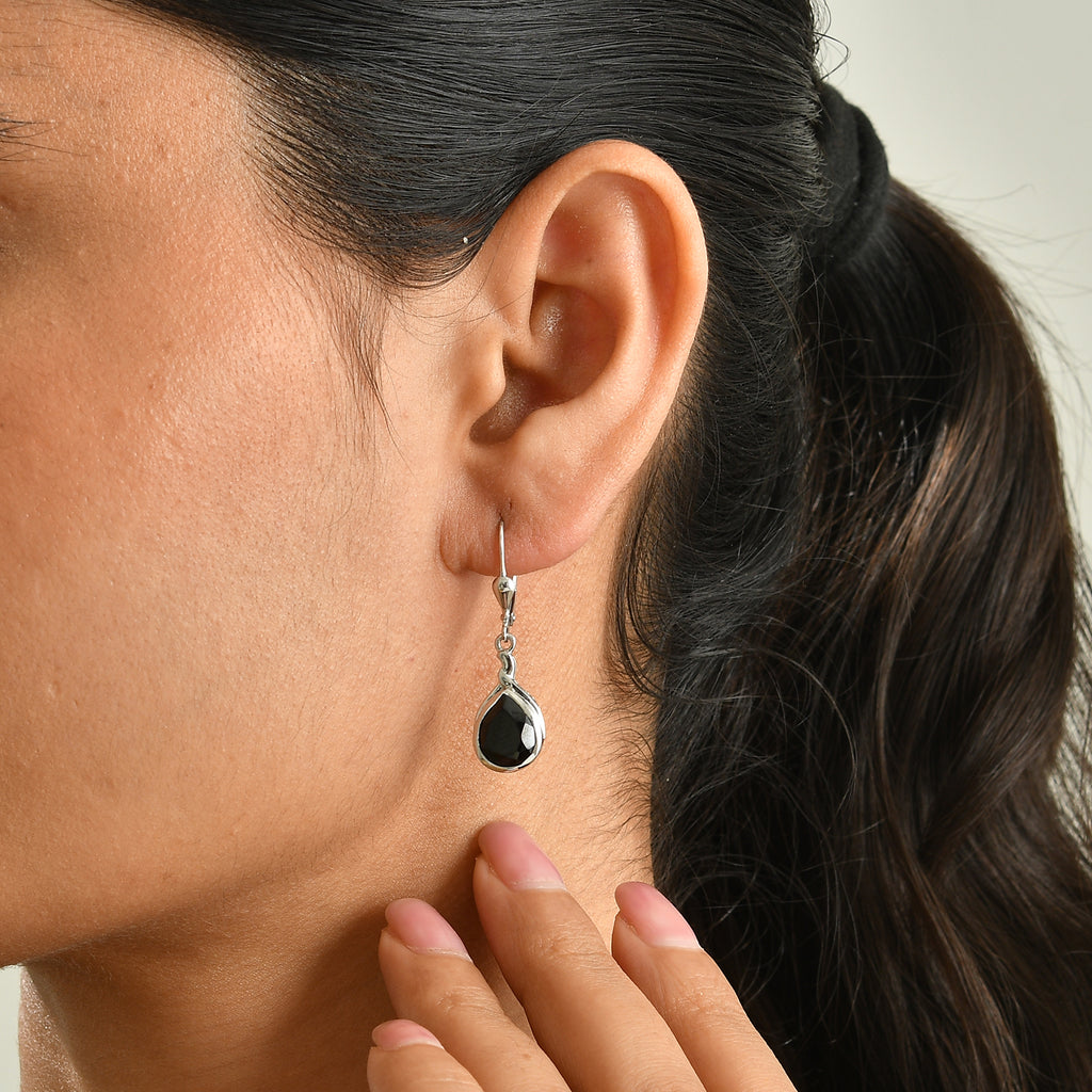 D'Joy - Black Spinel Dangling Earring with Lever Back in Platinum Overlay Sterling Silver 6.20 Ct._8802052_2