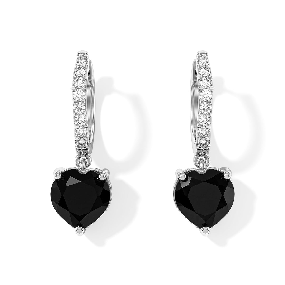 D'Joy - Black Spinel &amp; White Zircon Dangling Heart Earring with Hoop in Platinum Overlay Sterling Silver 4.50 Ct. 8802053 0