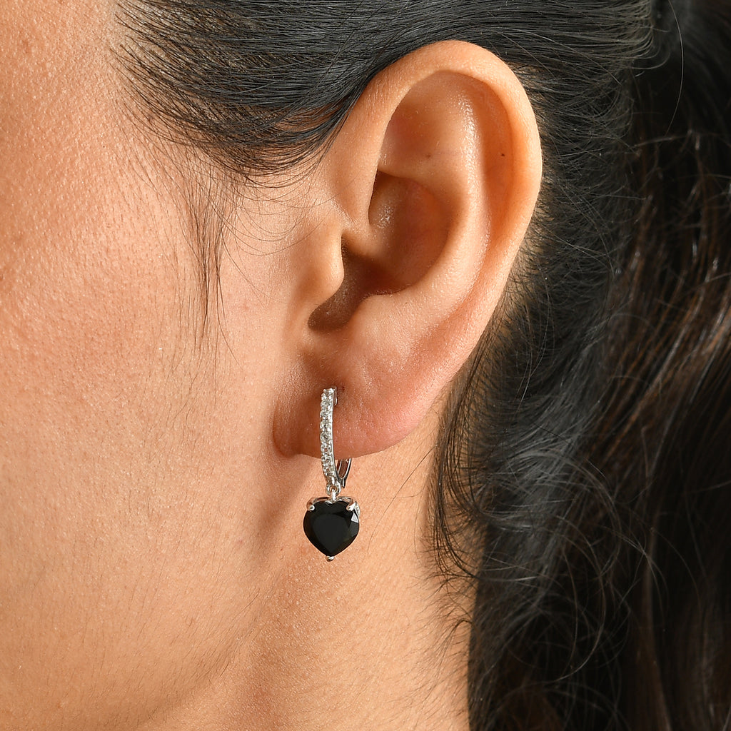 D'Joy - Black Spinel & White Zircon Dangling Heart Earring with Hoop in Platinum Overlay Sterling Silver 4.50 Ct._8802053_1