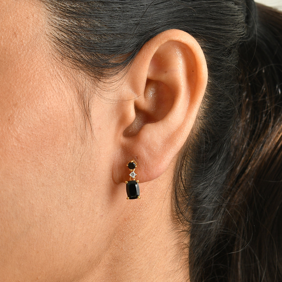 D'Joy - Black Spinel &amp; White Zircon Dangling Earring with Push Post in Yellow Gold Plated Sterling Silver 2.80 Ct. 8802056 1