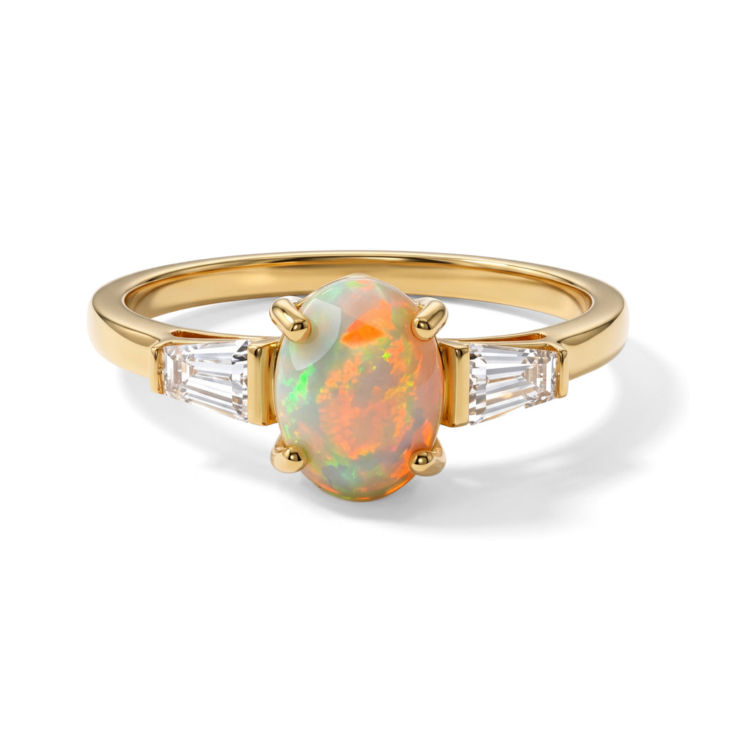 D'Joy - Ethiopian Opal & White Zircon Trilogy Ring in Yellow Gold Plated Sterling Silver 1.30 Ct._8805379