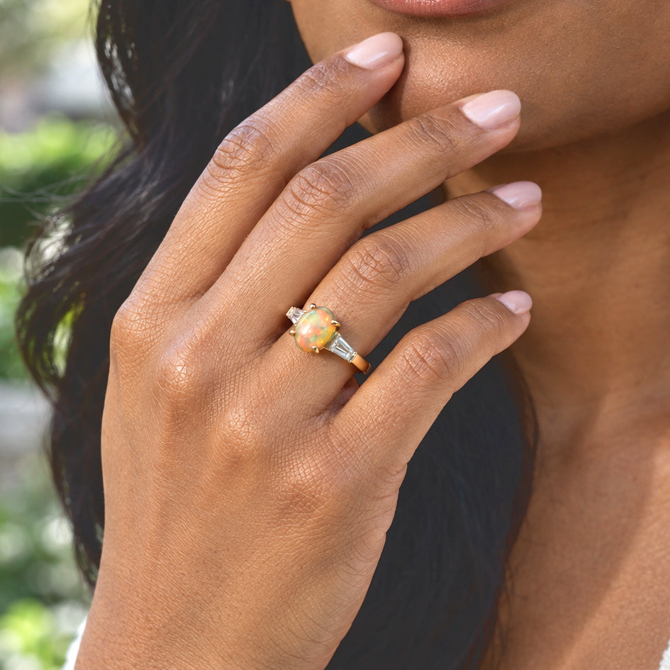 D'Joy - Ethiopian Opal &amp; White Zircon Trilogy Ring in Yellow Gold Plated Sterling Silver 1.30 Ct. 8805379 2