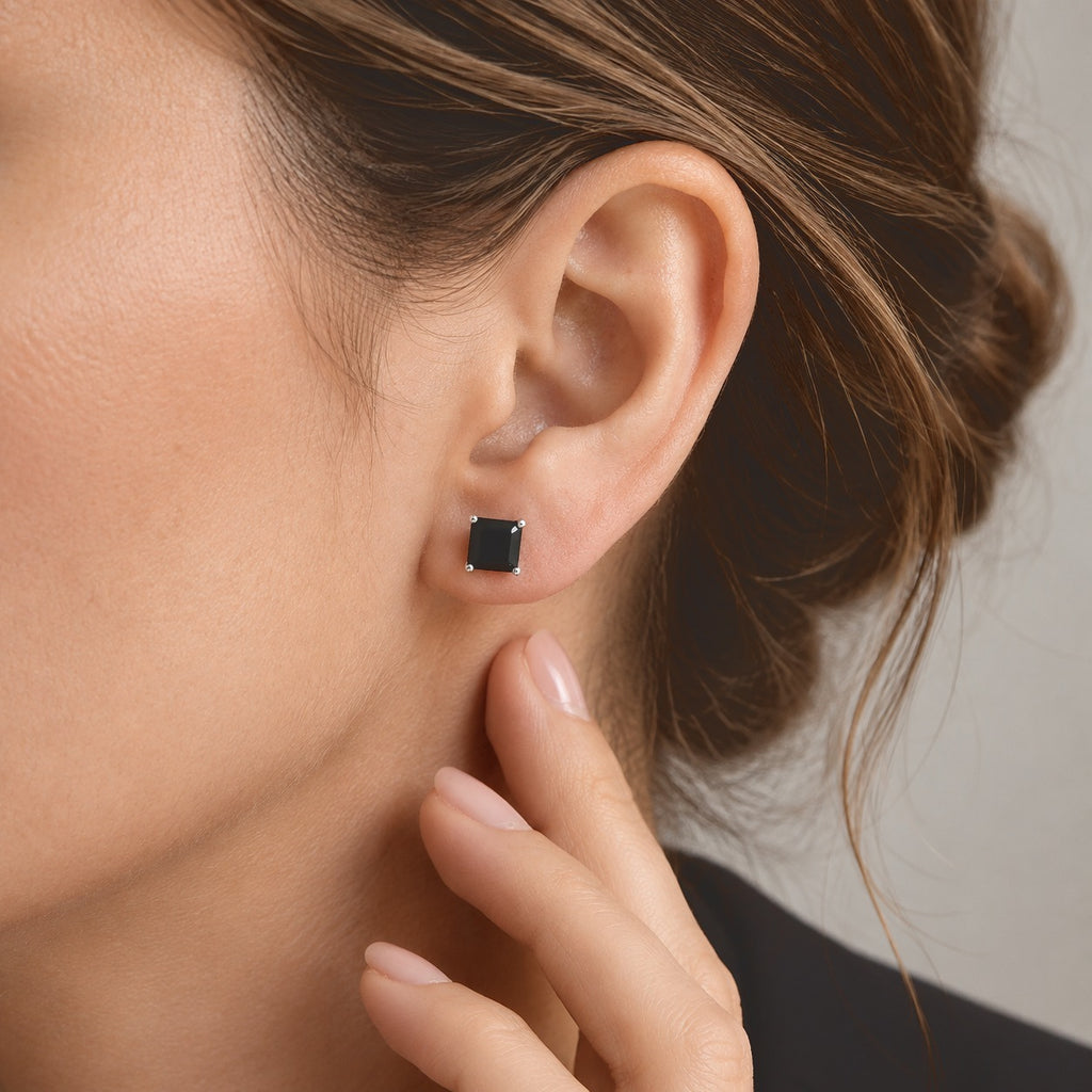 D'Joy - Black Spinel Stud Earring with Push Back in Platinum Overlay Sterling Silver 2.80 Ct._8806331_2