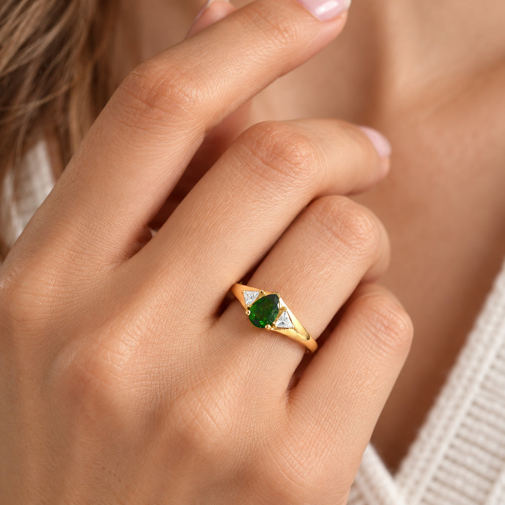 D'Joy - Natural Chrome Diopside & Moissanite Trilogy Ring in Yellow Gold Plated Sterling Silver_8806440_1