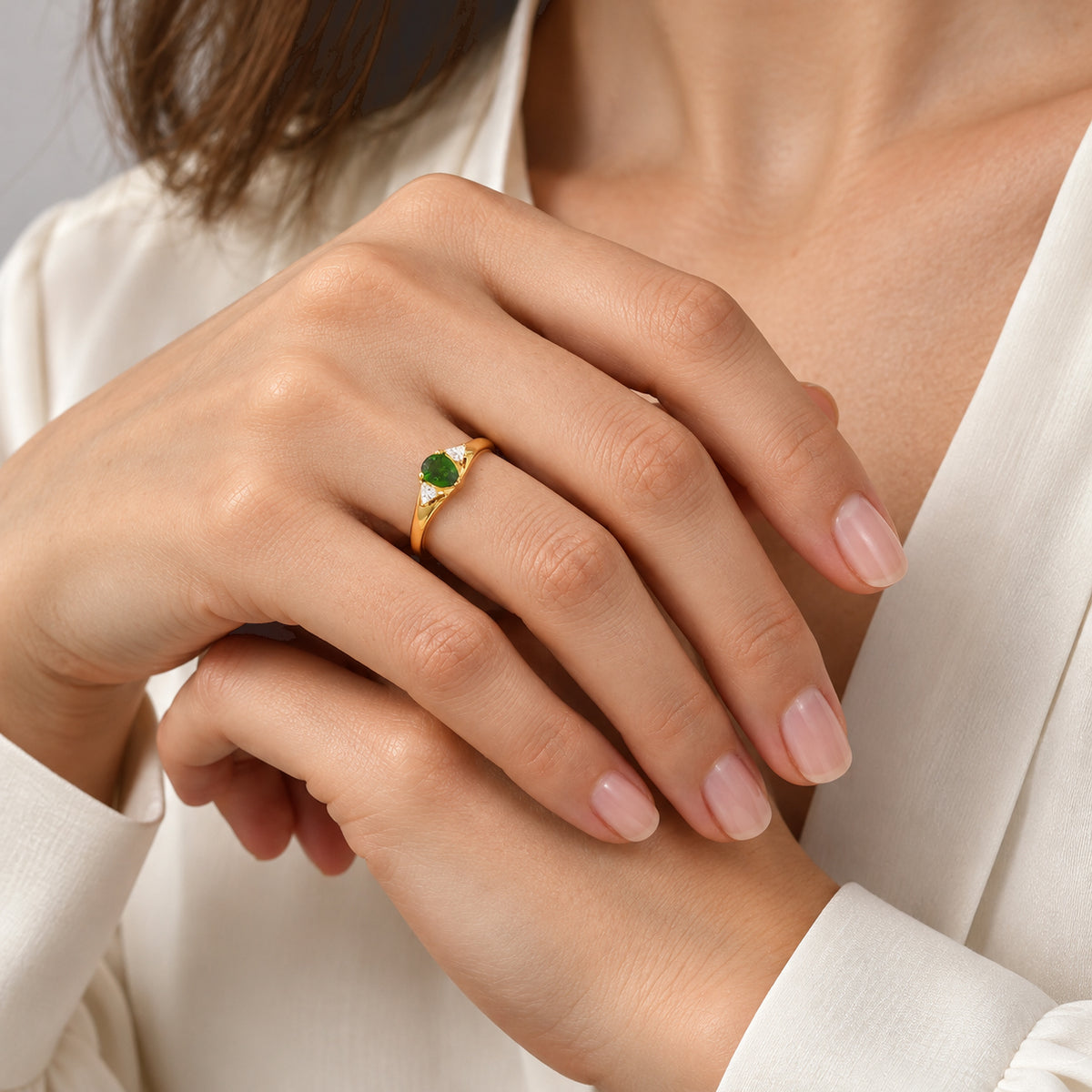 D'Joy - Natural Chrome Diopside &amp; Moissanite Trilogy Ring in Yellow Gold Plated Sterling Silver 8806440 2