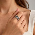 D'Joy - Black Diamond & Natural White Diamond Crisscross Ring in Rhodium Overlay Sterling Silver 1.00 Ct._8806460_2