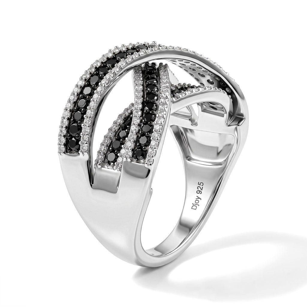 D'Joy - Black Diamond & Natural White Diamond Crisscross Ring in Rhodium Overlay Sterling Silver 1.00 Ct._8806460_3