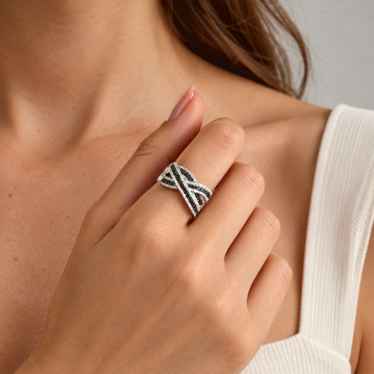 D'joy Black Diamond, White Diamond Overlap Ring in Rhodium OverlaySterling Silver, Silver Wt.6 Gms  1.032  Ct. 8806518 2