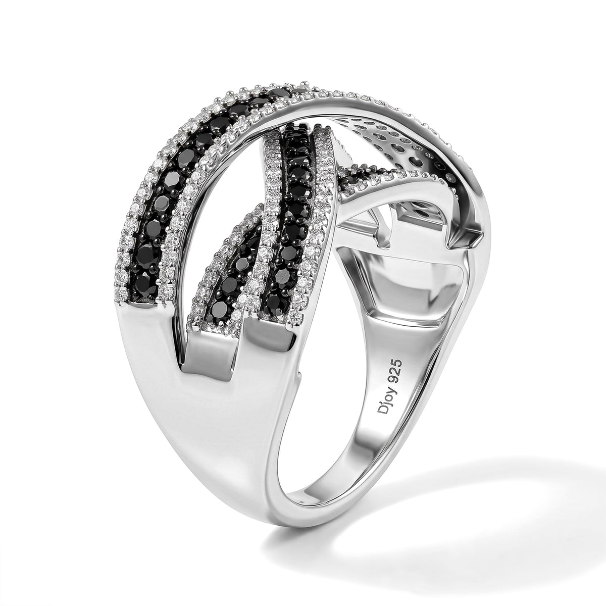 D'joy Black Diamond, White Diamond Overlap Ring in Rhodium OverlaySterling Silver, Silver Wt.6 Gms  1.032  Ct. 8806518 3