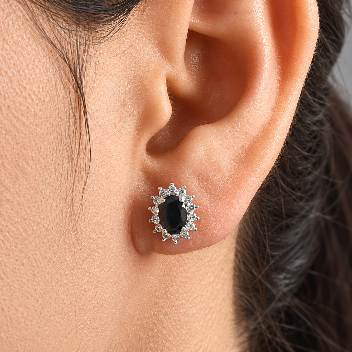 D'Joy - Black Spinel &amp; White Zircon Halo Earring with Push Back in Platinum Overlay Sterling Silver 2.50 Ct. 8807464 1