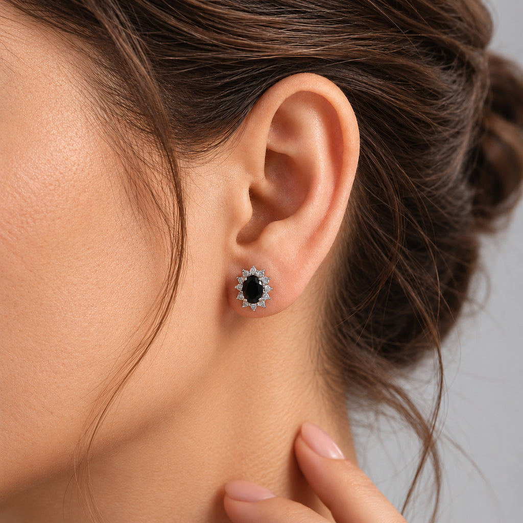 D'Joy - Black Spinel & White Zircon Halo Earring with Push Back in Platinum Overlay Sterling Silver 2.50 Ct._8807464_2