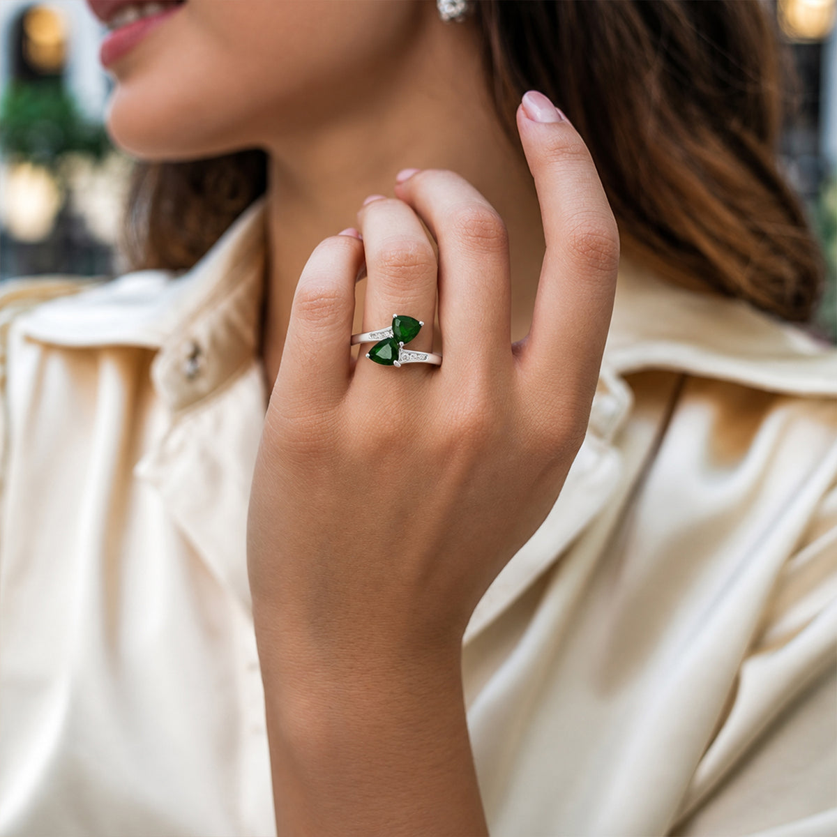 D'Joy - Natural Chrome Diopside &amp; White Zircon Bypass Ring in Platinum Overlay Sterling Silver 1.15 Ct. 8809726 1